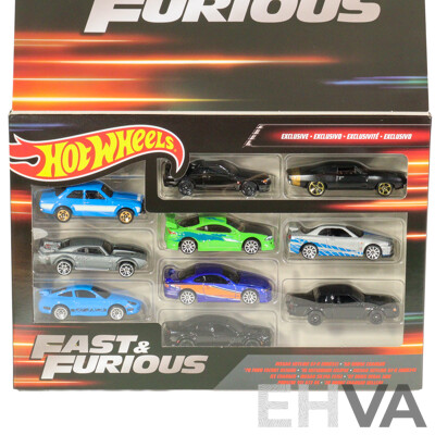 Boxed Hot Wheels Fast & Furious Ten Car Set Including Nissan, Dodge, Mitsubishi, Porsche, Ford, Buick