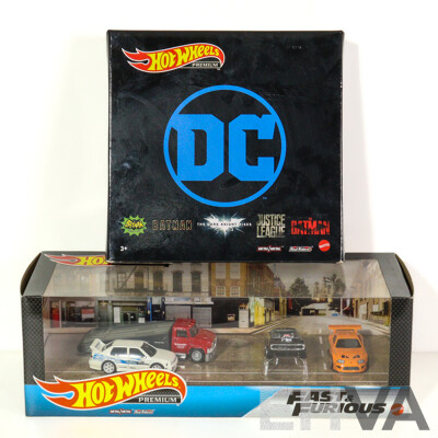 Boxed Hot Wheels Premium Fast & Furious Street Scene Set and DC Batman Five Vehicle Set