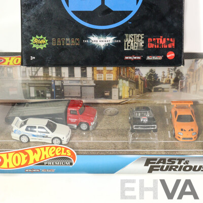Boxed Hot Wheels Premium Fast & Furious Street Scene Set and DC Batman Five Vehicle Set