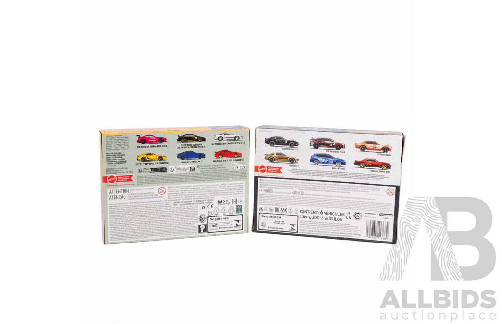 Boxed Japanese Release Hot Wheels Six Car Set with Boxed Six Car JDM Set Including Datsun, Nissan, Honda, Subaru, Toyota, Mazda, Mitsubishi