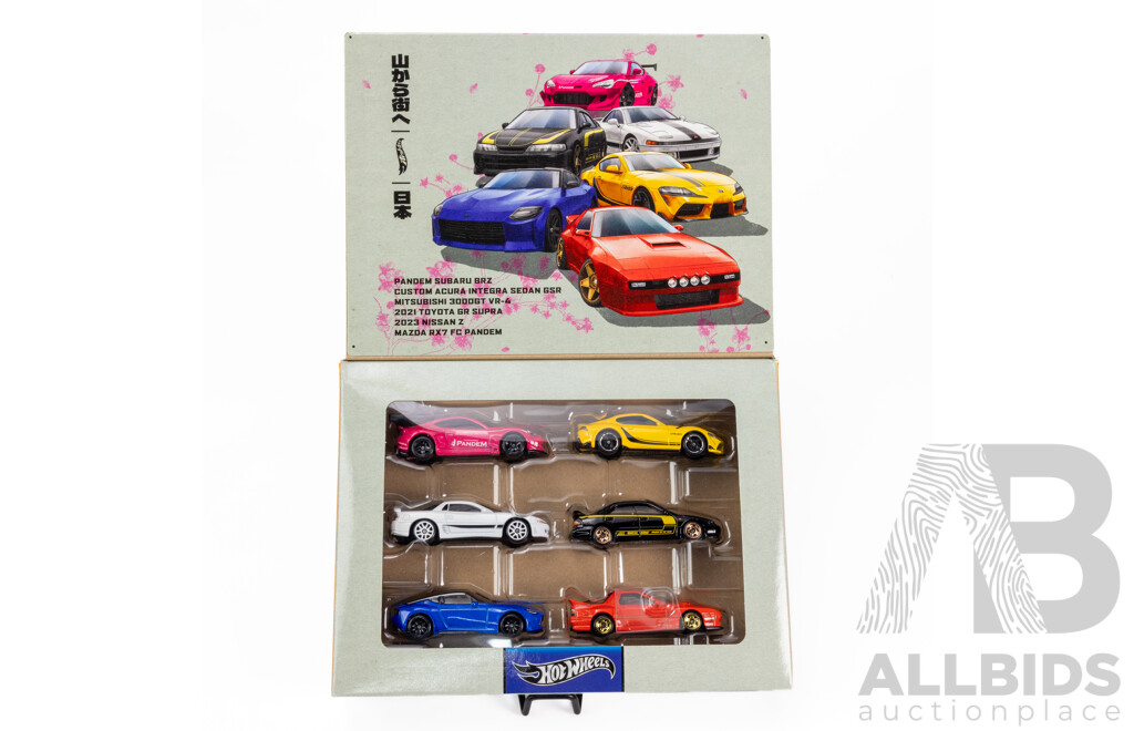 Boxed Japanese Release Hot Wheels Six Car Set with Boxed Six Car JDM Set Including Datsun, Nissan, Honda, Subaru, Toyota, Mazda, Mitsubishi