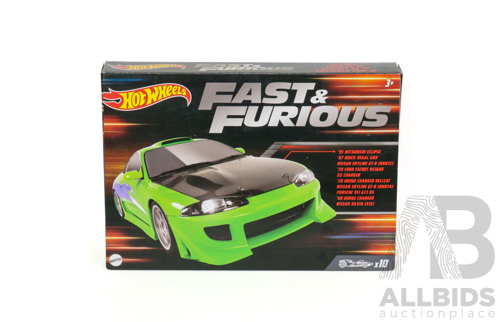Boxed Hot Wheels Fast & Furious Ten Car Set Including Nissan, Dodge, Mitsubishi, Porsche, Ford, Buick
