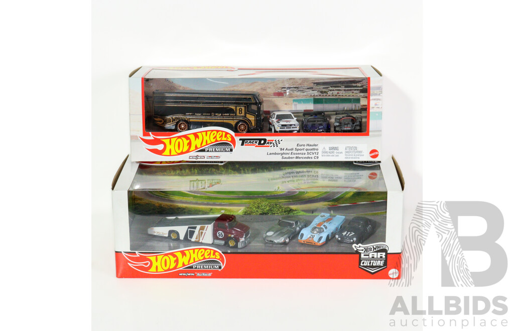 Boxed Hot Wheels Premium Track Day Four Vehicle Set Including Audi, Mercedes, Lamborghini