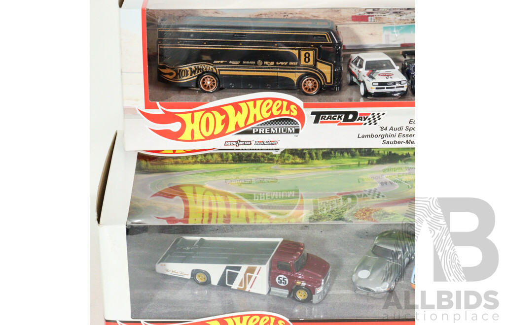 Boxed Hot Wheels Premium Track Day Four Vehicle Set Including Audi, Mercedes, Lamborghini