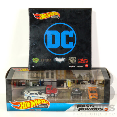 Boxed Hot Wheels Premium Fast & Furious Street Scene Set and DC Batman Five Vehicle Set