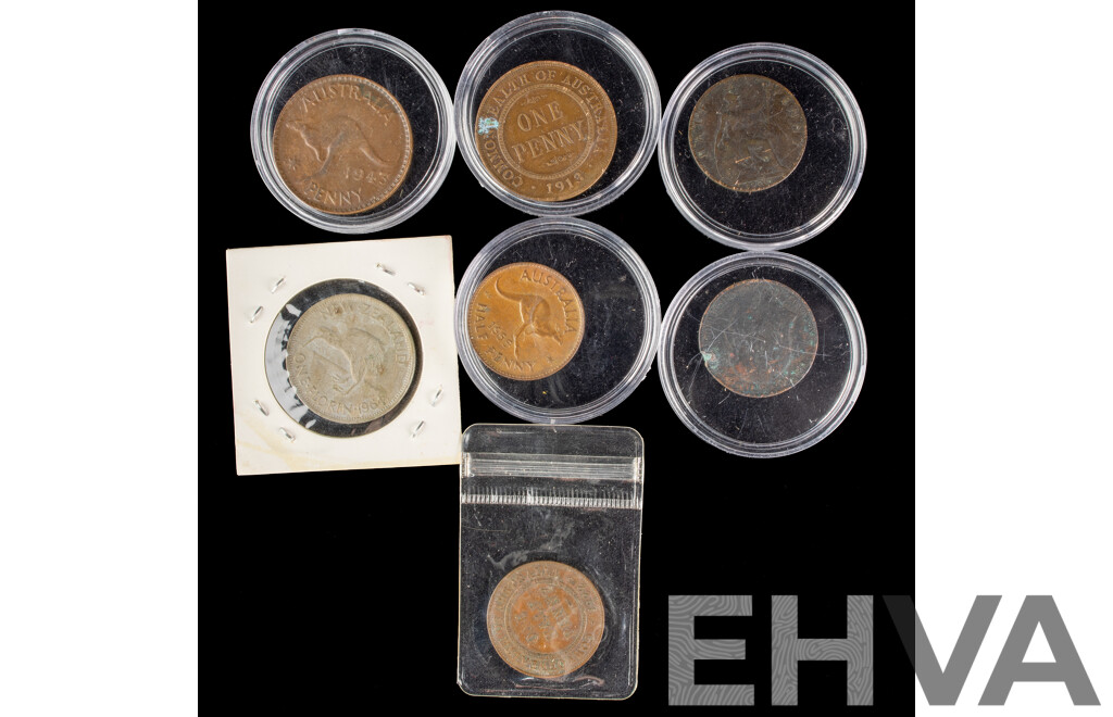 Australian 1913 KGV and 1943 KGVI Pennies, 1922 KGV and 1955 QE2 Half Pennies, UK 1900 QV and 1908 KEVII Half Pennies, New Zealand 1964 QE2 Florin