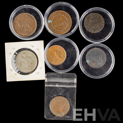 Australian 1913 KGV and 1943 KGVI Pennies, 1922 KGV and 1955 QE2 Half Pennies, UK 1900 QV and 1908 KEVII Half Pennies, New Zealand 1964 QE2 Florin
