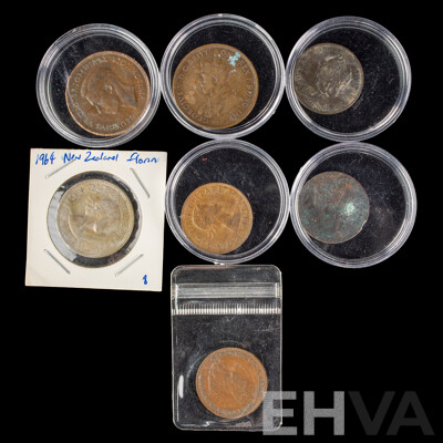 Australian 1913 KGV and 1943 KGVI Pennies, 1922 KGV and 1955 QE2 Half Pennies, UK 1900 QV and 1908 KEVII Half Pennies, New Zealand 1964 QE2 Florin