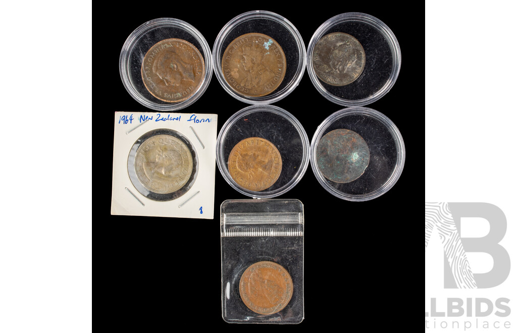 Australian 1913 KGV and 1943 KGVI Pennies, 1922 KGV and 1955 QE2 Half Pennies, UK 1900 QV and 1908 KEVII Half Pennies, New Zealand 1964 QE2 Florin