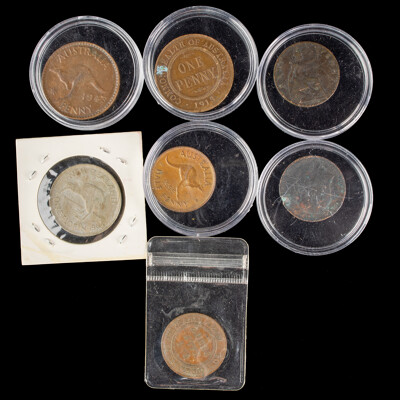 Australian 1913 KGV and 1943 KGVI Pennies, 1922 KGV and 1955 QE2 Half Pennies, UK 1900 QV and 1908 KEVII Half Pennies, New Zealand 1964 QE2 Florin