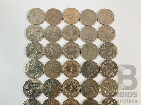 Fifty Australian Commemorative Fifty Cent Coins Including 1977 Jubilee, 1982 Commonwealth Games, 1998 Flinders/Bass, 2005 Commonwealth Games, 2005 WW2 Remembrance