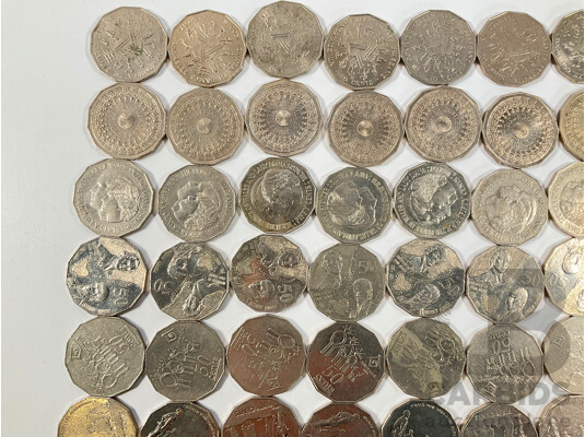 One Hundred Australian Commemorative Fifty Cent Coins Including 2000 Millennium, 2005 WW2 Remembrance, 1982 Commonwealth Games, 1998 Flinders/Bass, 1977 Jubilee, 1995 Sir Weary Dunlop