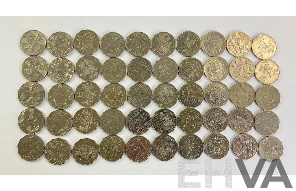 Fifty Australian Commemorative Fifty Cent Coins Including 1998 Bass/Flinders, 1994 Year of the Family, 2001 Federation, 2003 Volunteers, 1982 Commonwealth Games, 1995 Weary Dunlop, 1988 Bicentennial.......