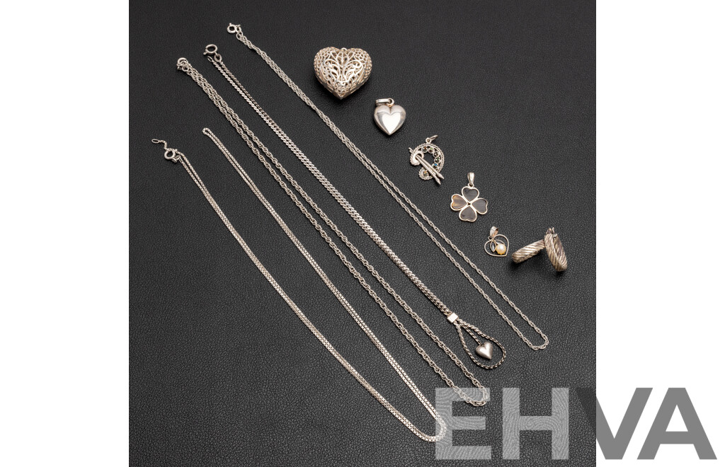 925 Sterling Silver Assorted Chains, Pendants and Earrings. Lot of 10 - 46.65gms