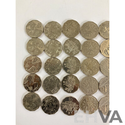 Fifty Australian Commemorative Fifty Cent Coins Including 1998 Bass/Flinders, 1994 Year of the Family, 2001 Federation, 2003 Volunteers, 1982 Commonwealth Games, 1995 Weary Dunlop, 1988 Bicentennial.......