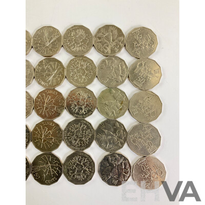 Fifty Australian Commemorative Fifty Cent Coins Including 1998 Bass/Flinders, 1994 Year of the Family, 2001 Federation, 2003 Volunteers, 1982 Commonwealth Games, 1995 Weary Dunlop, 1988 Bicentennial.......