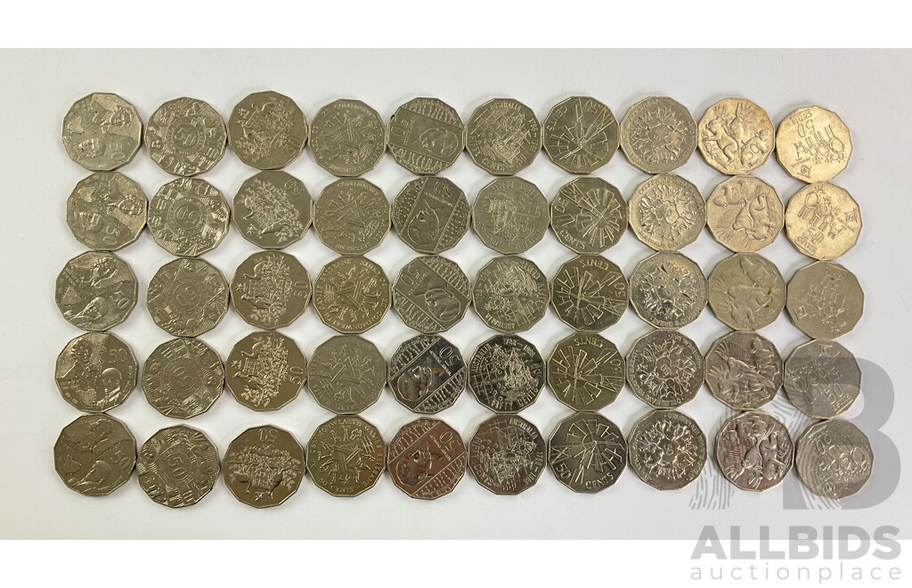 Fifty Australian Commemorative Fifty Cent Coins Including 1998 Bass/Flinders, 1994 Year of the Family, 2001 Federation, 2003 Volunteers, 1982 Commonwealth Games, 1995 Weary Dunlop, 1988 Bicentennial.......