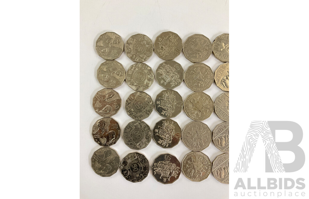 Fifty Australian Commemorative Fifty Cent Coins Including 1998 Bass/Flinders, 1994 Year of the Family, 2001 Federation, 2003 Volunteers, 1982 Commonwealth Games, 1995 Weary Dunlop, 1988 Bicentennial.......