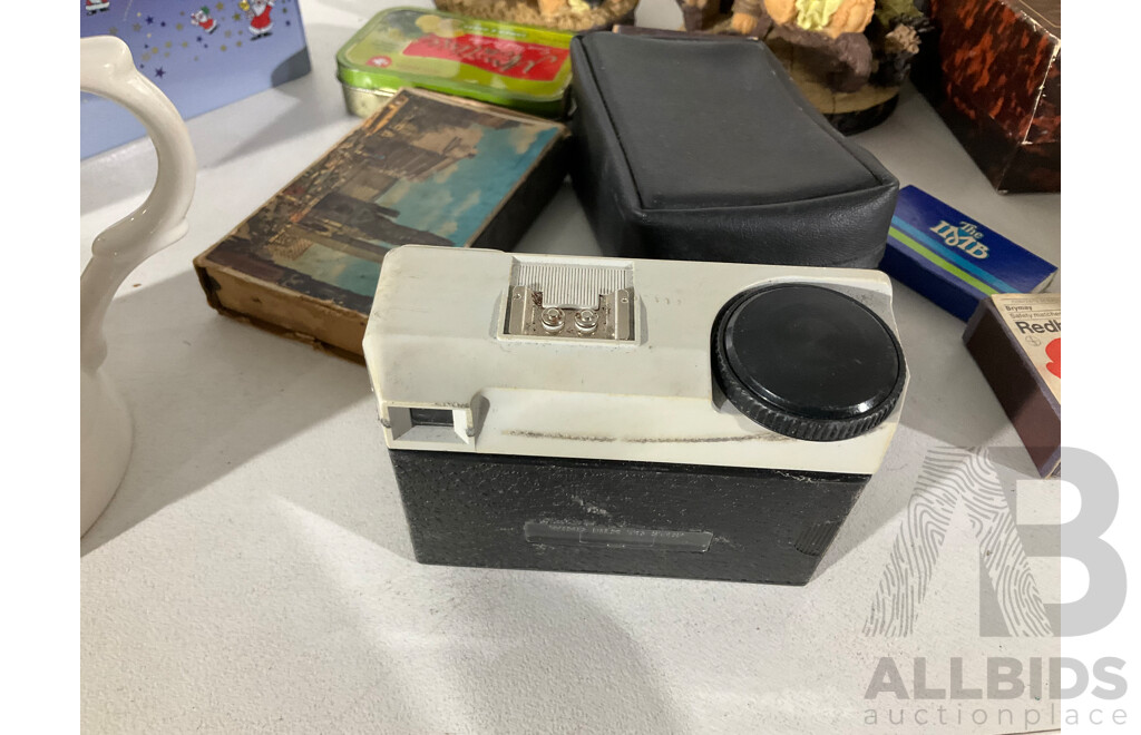 Vintage Kodak Instamatic 25, Boxed David Jones German Gent's Razor and Brush, Two 1981 Charles and Diana Wedding Mugs, Musical Tins, Resin Lover Bears