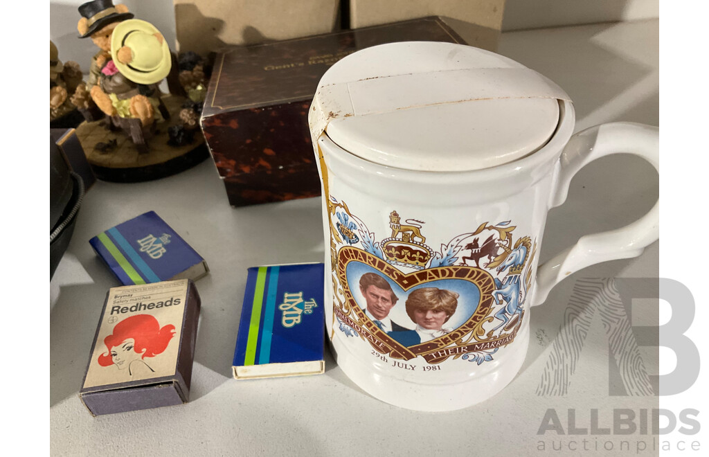 Vintage Kodak Instamatic 25, Boxed David Jones German Gent's Razor and Brush, Two 1981 Charles and Diana Wedding Mugs, Musical Tins, Resin Lover Bears
