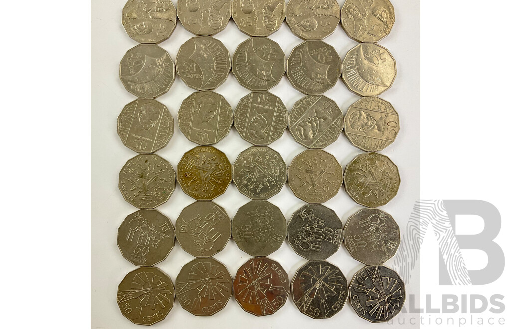 Fifty Australian Commemorative Fifty Cent Coins Including 1970 Captain Cook, 2003 Volunteers, 1977 Jubilee, 2000 Millennium, 2001 Federation, 1998 Bass/Flinders, 1995 Weary Dunlop........