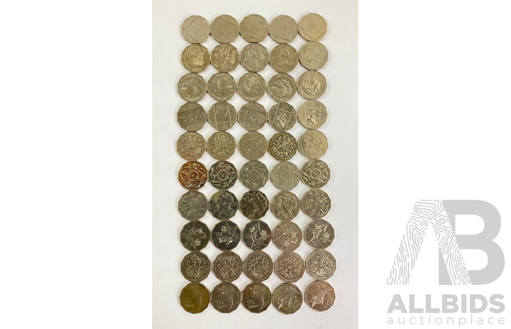 Fifty Australian Commemorative Fifty Cent Coins Including 2004 Student Design, 2000 Millennium, 1995 Weary Dunlop, 1982 Commonwealth Games, 2005 Commonwealth Games, 1988 Bicentennial........