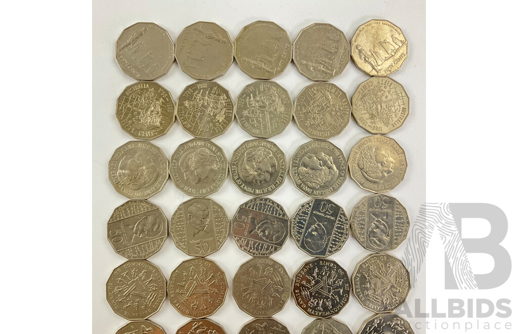 Fifty Australian Commemorative Fifty Cent Coins Including 2004 Student Design, 2000 Millennium, 1995 Weary Dunlop, 1982 Commonwealth Games, 2005 Commonwealth Games, 1988 Bicentennial........