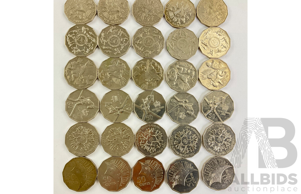 Fifty Australian Commemorative Fifty Cent Coins Including 2004 Student Design, 2000 Millennium, 1995 Weary Dunlop, 1982 Commonwealth Games, 2005 Commonwealth Games, 1988 Bicentennial........