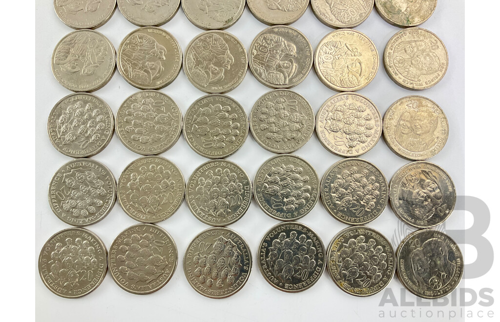 Thirty Six  Australian Commemorative Twenty Cent Coins Including Fifteen 2003 Volunteers and Fifteen 2005 WW2 Coming Home, Six 2011 William and Kate Wedding
