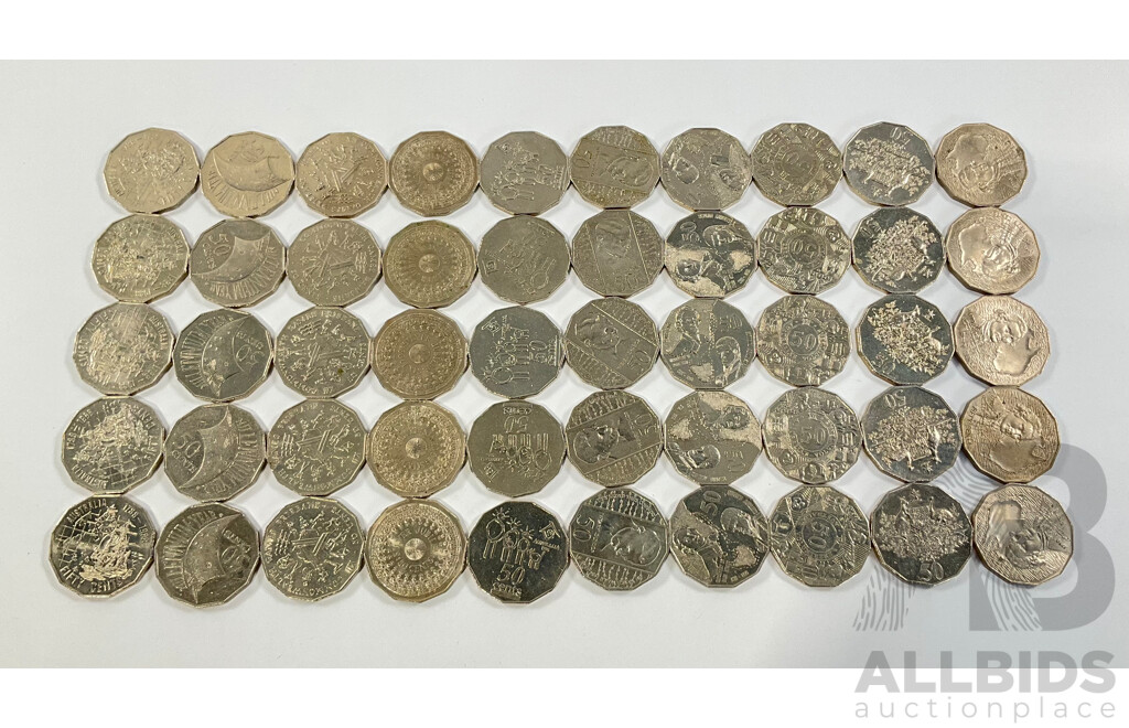 Fifty Australian Commemorative Fifty Cent Coins Including 1995 Weary Dunlop, 1982 Commonwealth Games, 1988 Bicentennial, 2000 Millennium, 1998 Flinders/Bass, 1977 Jubilee......
