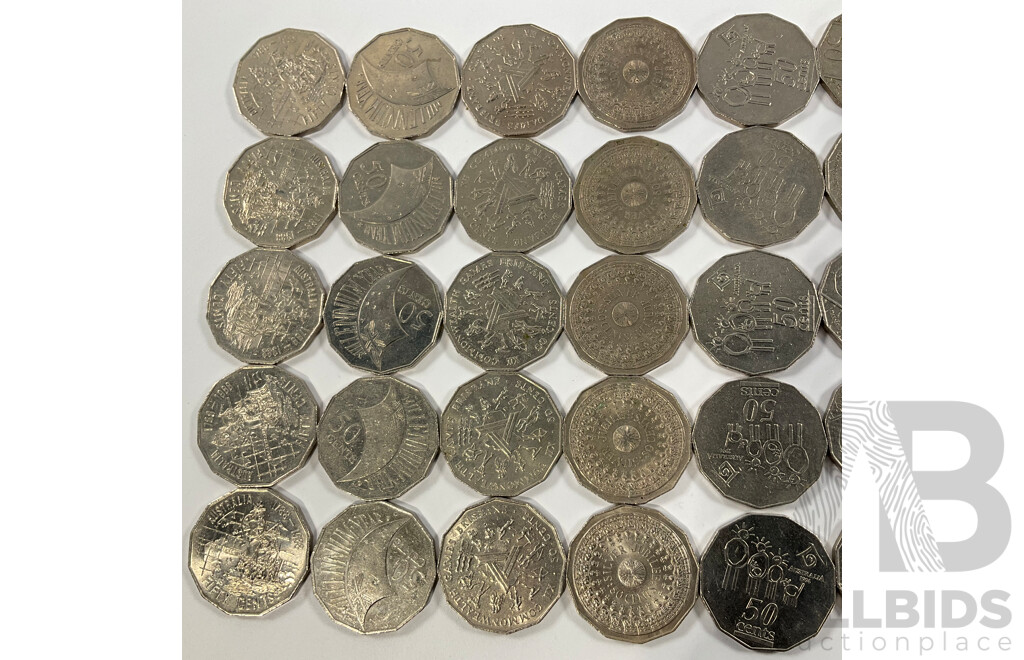 Fifty Australian Commemorative Fifty Cent Coins Including 1995 Weary Dunlop, 1982 Commonwealth Games, 1988 Bicentennial, 2000 Millennium, 1998 Flinders/Bass, 1977 Jubilee......