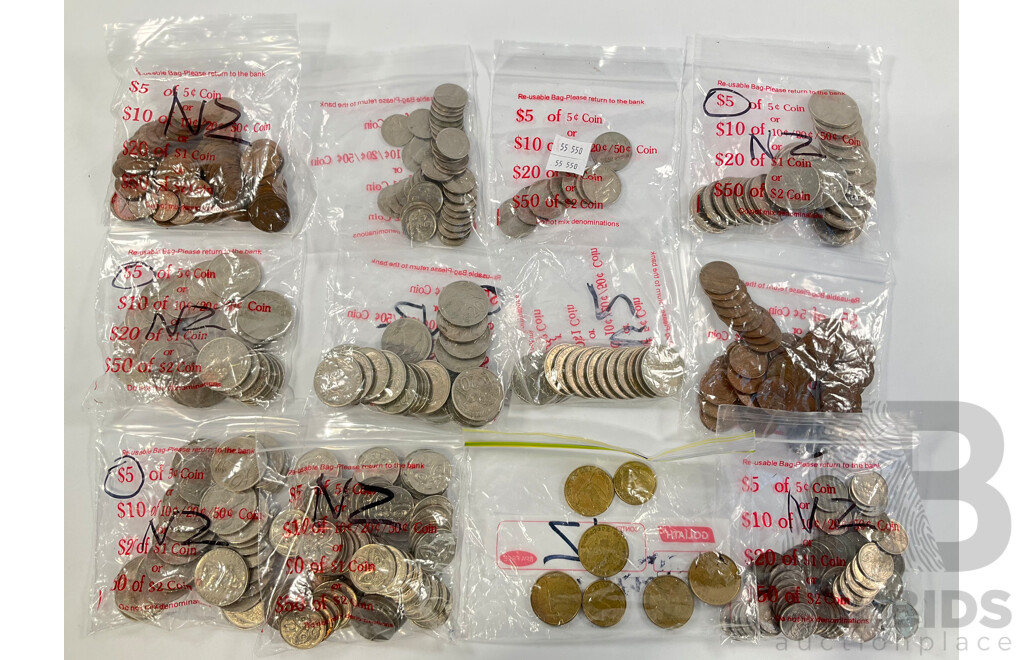 Collection of New Zealand Coins Including One Cents, Two Cents, Five Cents, Ten Cents, Twenty Cents, One Dollars, Shilling, Sixpence Penny, Half Penny - Approximately 2.5 Kilograms