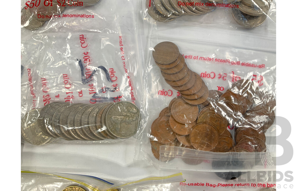 Collection of New Zealand Coins Including One Cents, Two Cents, Five Cents, Ten Cents, Twenty Cents, One Dollars, Shilling, Sixpence Penny, Half Penny - Approximately 2.5 Kilograms