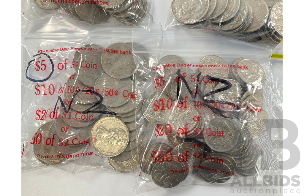 Collection of New Zealand Coins Including One Cents, Two Cents, Five Cents, Ten Cents, Twenty Cents, One Dollars, Shilling, Sixpence Penny, Half Penny - Approximately 2.5 Kilograms
