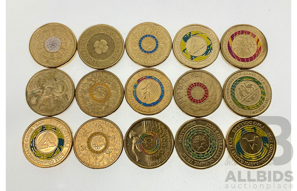 Fifteen Australian Commemorative Two Dollar Coins Including 2022 Front Line Workers, 2018 INVICTUS Games, 2020 Women's T20, 2016 Olympic Team, 2012 Remembrance, 2022, 2018 Commonwealth Games..................