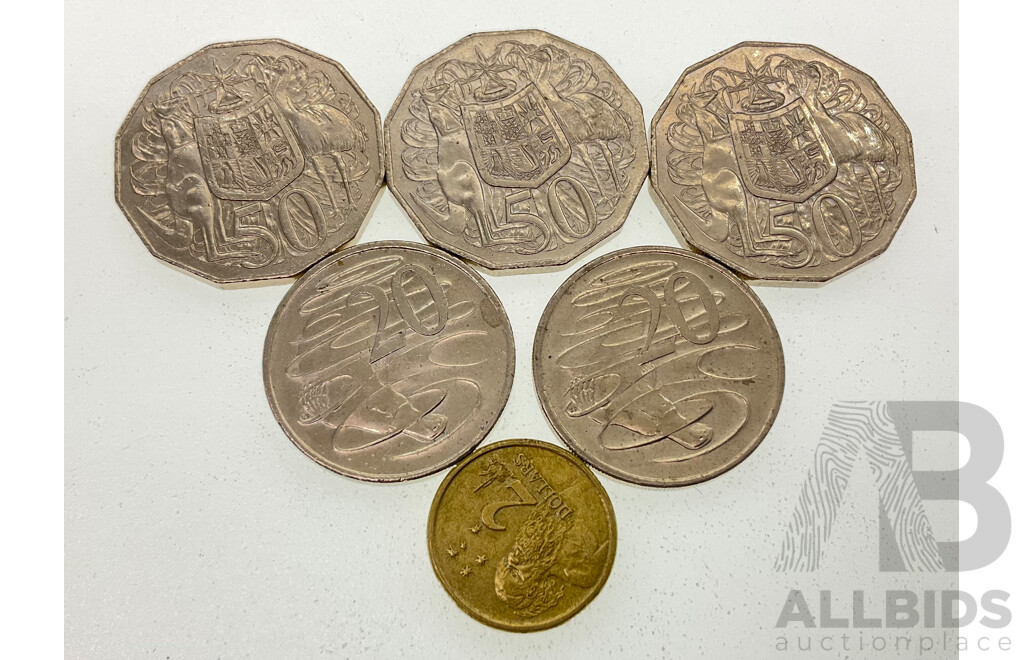Australian 2016 Fifty Years of Decimal Currency Coins Including Two Dollars, Three Fifty Cents, Two Twenty Cents