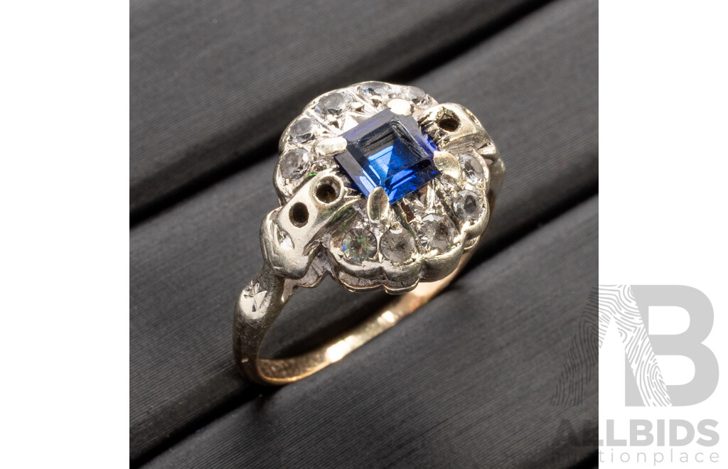 9ct White/Yellow Gold Ring with Princess Cut Blue Sapphire and White Sapphire Halo - Size L