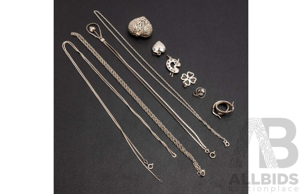 925 Sterling Silver Assorted Chains, Pendants and Earrings. Lot of 10 - 46.65gms