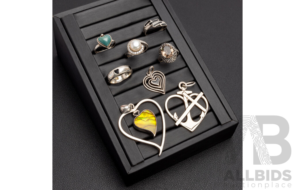 925 Sterling Silver and 800 Silver Assorted Rings and Pendants. Lot of 8 - 43.08gms