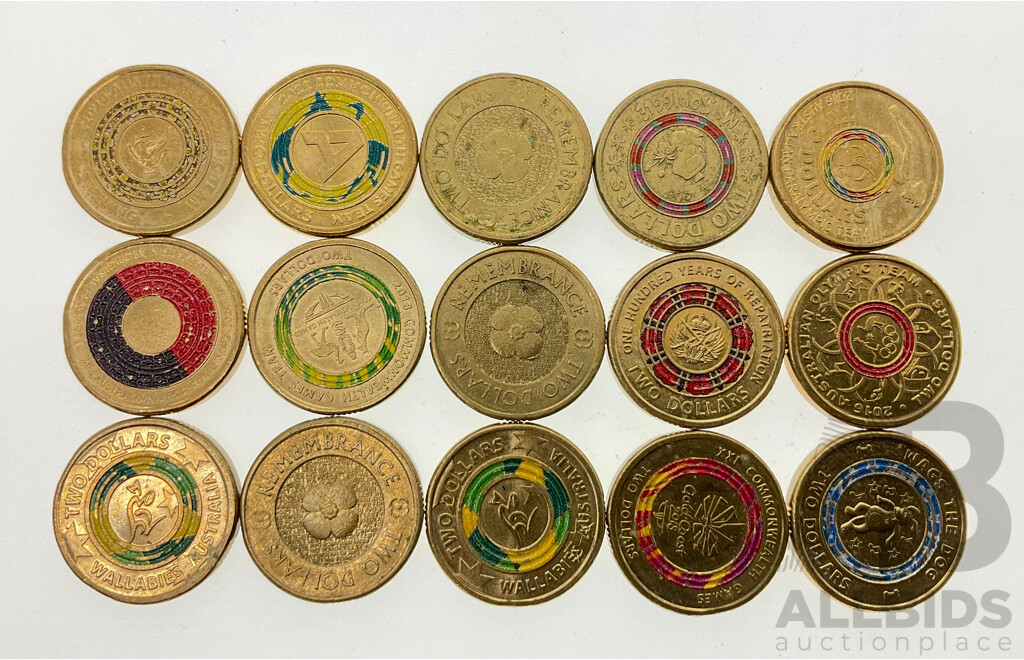 Fifteen Australian Commemorative Two Dollar Coins Including 2021 Aboriginal Flag, 2012 Remembrance, 2018, 2022 Commonwealth Games 2020 Olympics, 2019 Wallabies, 2016 Paralympics/Olympics, 2019 Repatriation..............
