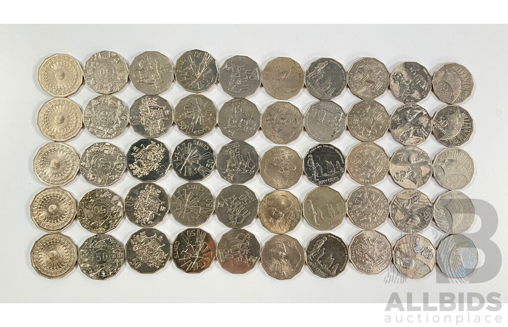 Fifty Australian Commemorative Fifty Cent Coins Including 2000 Millennium, 2005 WW2 Remembrance, 1982 Commonwealth Games, 1998 Flinders/Bass, 1977 Jubilee, 2003 Volunteers, 1970 Captain Cook..........