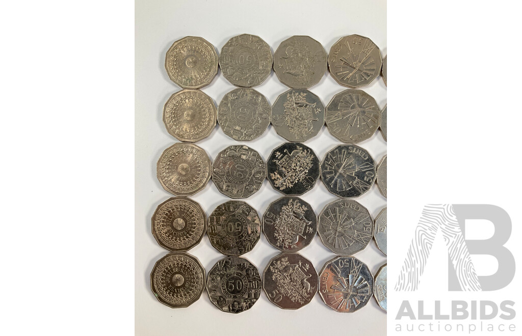 Fifty Australian Commemorative Fifty Cent Coins Including 2000 Millennium, 2005 WW2 Remembrance, 1982 Commonwealth Games, 1998 Flinders/Bass, 1977 Jubilee, 2003 Volunteers, 1970 Captain Cook..........