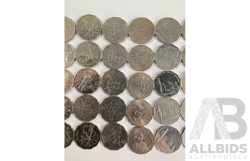 Fifty Australian Commemorative Fifty Cent Coins Including 2000 Millennium, 2005 WW2 Remembrance, 1982 Commonwealth Games, 1998 Flinders/Bass, 1977 Jubilee, 2003 Volunteers, 1970 Captain Cook..........