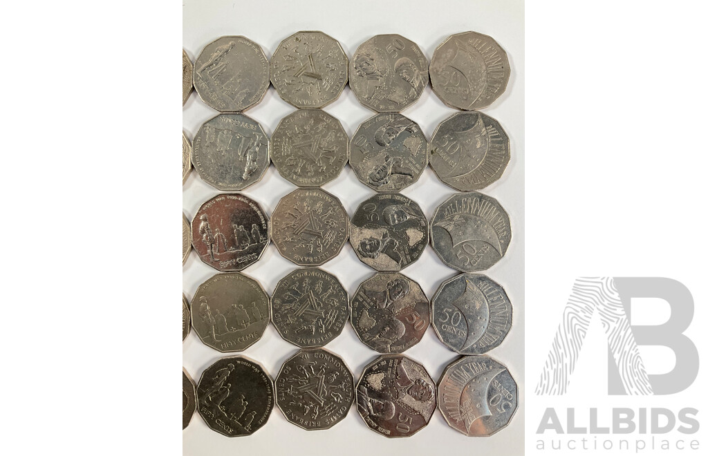 Fifty Australian Commemorative Fifty Cent Coins Including 2000 Millennium, 2005 WW2 Remembrance, 1982 Commonwealth Games, 1998 Flinders/Bass, 1977 Jubilee, 2003 Volunteers, 1970 Captain Cook..........