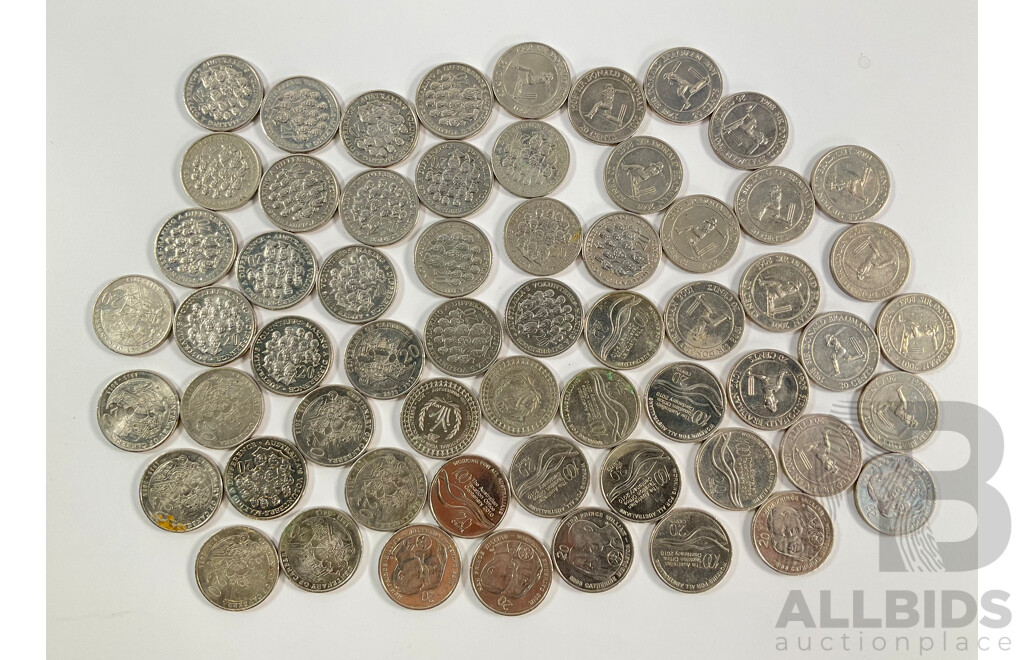 Collection of Australian Commemorative Twenty Cent Coins Including 2003 Volunteers(20) 2010 One Hundred Years Taxation Office(8) 2001 Donald Bradman(16) 2013 Canberra Centenary(9) 2011 Year of Volunteers(2) 2011 Prince William and Catherine(5)