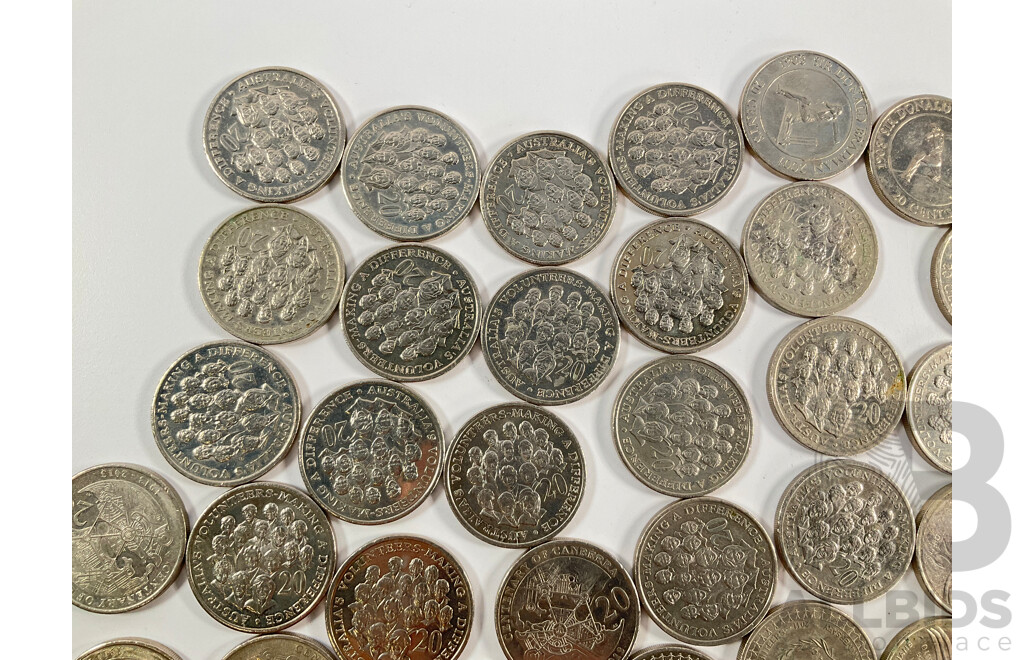 Collection of Australian Commemorative Twenty Cent Coins Including 2003 Volunteers(20) 2010 One Hundred Years Taxation Office(8) 2001 Donald Bradman(16) 2013 Canberra Centenary(9) 2011 Year of Volunteers(2) 2011 Prince William and Catherine(5)