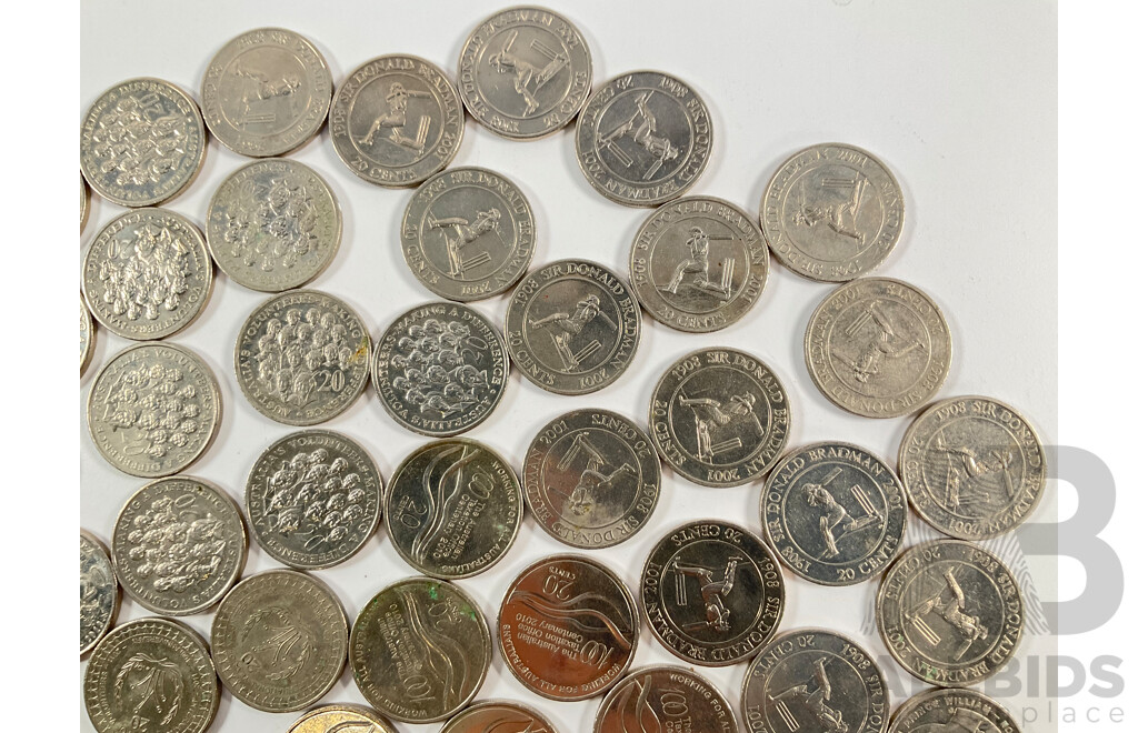 Collection of Australian Commemorative Twenty Cent Coins Including 2003 Volunteers(20) 2010 One Hundred Years Taxation Office(8) 2001 Donald Bradman(16) 2013 Canberra Centenary(9) 2011 Year of Volunteers(2) 2011 Prince William and Catherine(5)