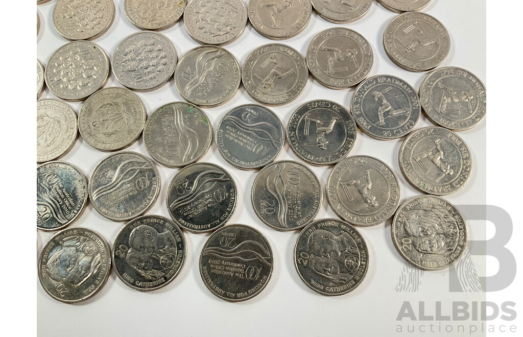 Collection of Australian Commemorative Twenty Cent Coins Including 2003 Volunteers(20) 2010 One Hundred Years Taxation Office(8) 2001 Donald Bradman(16) 2013 Canberra Centenary(9) 2011 Year of Volunteers(2) 2011 Prince William and Catherine(5)