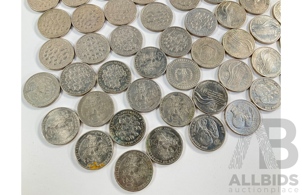 Collection of Australian Commemorative Twenty Cent Coins Including 2003 Volunteers(20) 2010 One Hundred Years Taxation Office(8) 2001 Donald Bradman(16) 2013 Canberra Centenary(9) 2011 Year of Volunteers(2) 2011 Prince William and Catherine(5)