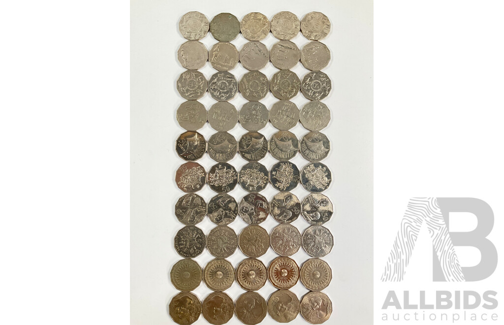 Fifty Australian Commemorative Fifty Cent Coins Including 2000 Millennium, 2005 WW2 Remembrance, 1982 Commonwealth Games, 1998 Flinders/Bass, 1977 Jubilee, 2003 Volunteers, 1970 Captain Cook..........